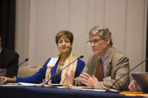 Delaware County Community College President Dr. Jerry Parker, shown with Dr. Cindy Miles, chancellor of the Grossmont-Cuyamaca Community College District, participates as a panelist at the U.S. News STEM Solutions Conference in San Diego, California. Photo compliments of U.S. News & World Report.