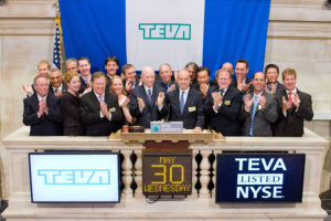 Teva Pharmaceutical Industries' Chairman of the Board of Directors, Dr. Phillip Frost and President and CEO Dr. Jeremy M. Levin, joined by members of Teva Pharmaceutical's leadership team, ring the opening bell at the New York Stock Exchange on May 30, 2012 in New York City. (Photo by Ben Hider/NYSE Euronext)
