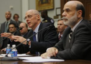 Fed Chairman Ben Bernanke and Treasurey Secretary Henry Paulson testifying to congress as the economy teetered.--via masslive.com
