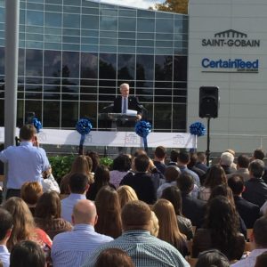 Saint-Gobain's CEO John Crowe welcomed nearly 1,000 neighbors, dignitaries, guests and company employees to the ribbon cutting ceremony, officially opening the Saint-Gobain's new Moores Road headquarters in Malvern last fall.