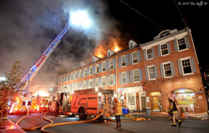 Fire fighters battle the three-alarm fire.--via Tom Kelly, Philly Fire News.
