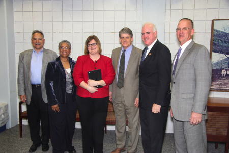 U.S. Representative Patrick Meehan visited Delaware County Community College’s president, trustees and administrators at the Marple Campus in April 2014 to discuss affordable tuition, four-year school transfer opportunities, workforce development training and other higher education issues. Pictured from left are College Trustee Raymond Toto; former Trustee Neilda Mott; Karen Kozachyn, the College's Dean of Workforce Development and Community Education; President Dr. Jerry Parker; Congressman Meehan; and Board of Trustees Chair Michael Ranck.