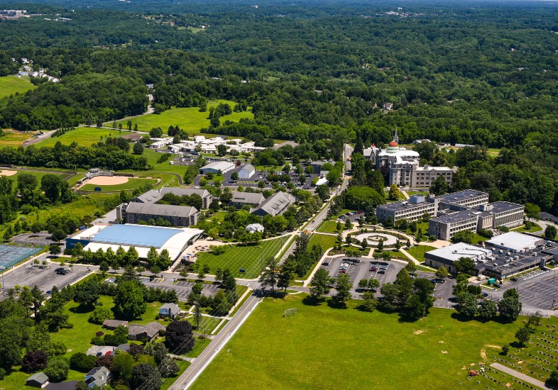 An aerial view of the Neumann University campus in Aston.