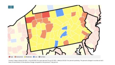 A Pennsylvania map shows substantial COVID transmissions and where a mask is recommended. is happening and where masks are recommended.