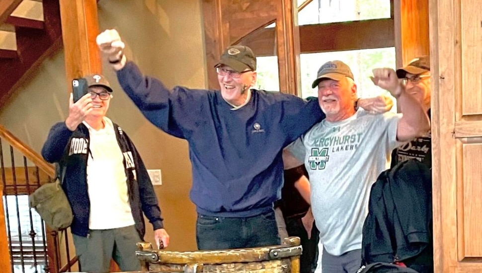 Rich “Bones" Jones arrives at Winter Park, Colo. Pictured (from left) are Darby Boys Larry Del Viscio, Rich Jones, Rick DiCecco and Frank Canamudo.