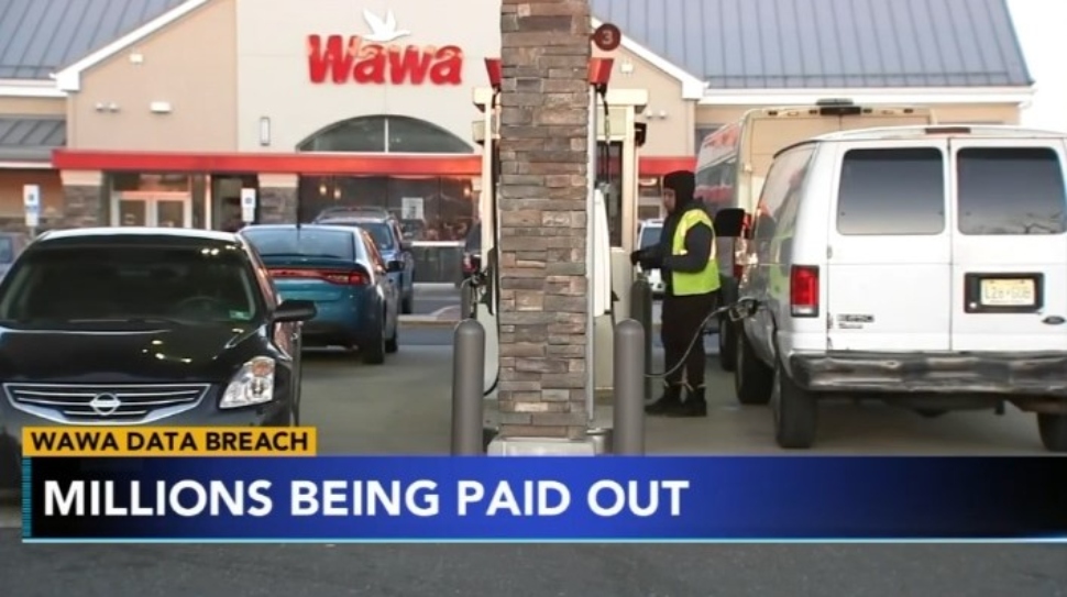 The front entrance and gas pumps at a Wawa store. Wawa is compensating customers affected by a data breach.