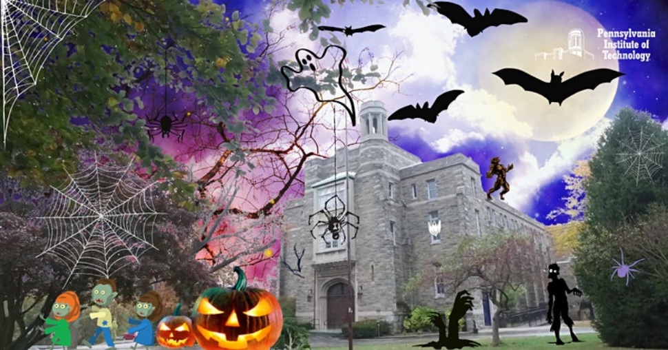The P.I.T. campus in Media with glowing pumpkins, and bats in a Halloween motif.