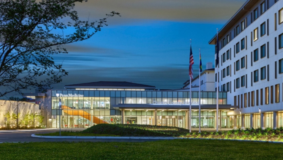 big building with lights on
