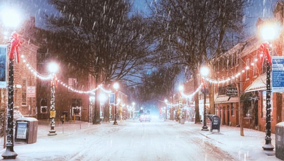 lamp posts on a snowy street