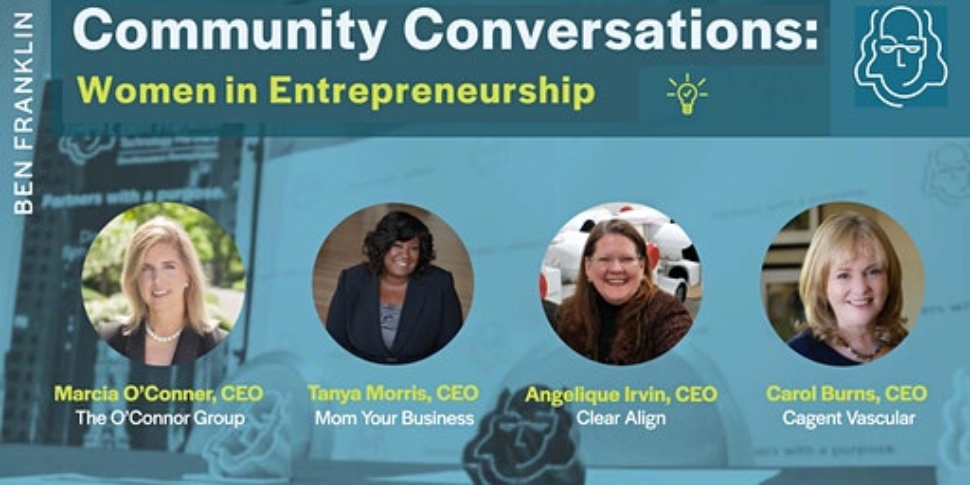 An advertisement for Community Conversations: Women Entrepreneurs with images of the women entrepreneurs being featured on the discussion panel.