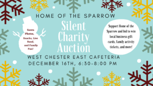 A flyer promoting a silent auction at East High School to benefit Home of the Sparrow