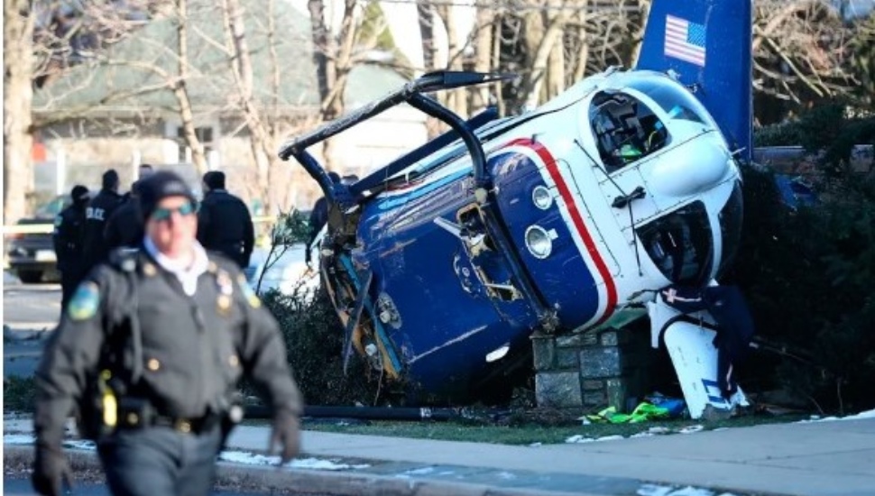 A medical helicopter rests on the property of Drexel Hill United Methodist Church.