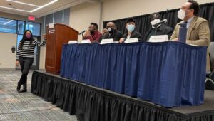 Panelists discuss 'Wake' at Penn State Brandywine.