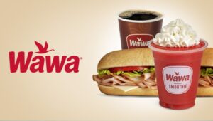 A hoagie, coffee, frozen drink and the Wawa logo