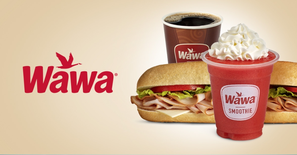 A hoagie, coffee, frozen drink and the Wawa logo