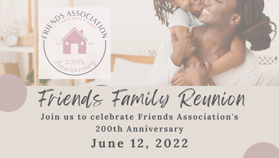 Mom with child promoting a Friends family reunion June 12.