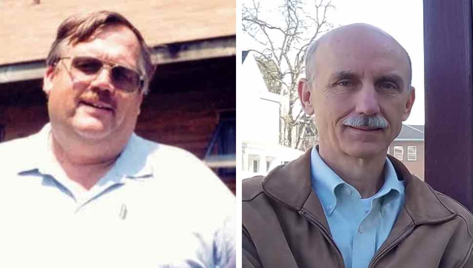 man with glasses; man with moustache