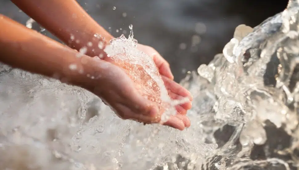 Little girl catching watter in her hands.