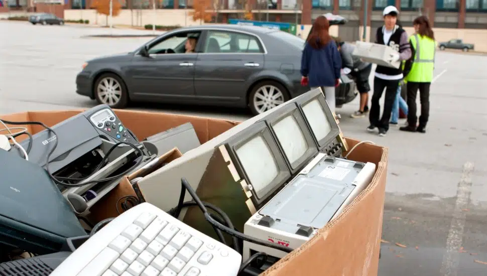people carrying boxes of hard drives to be destroyed