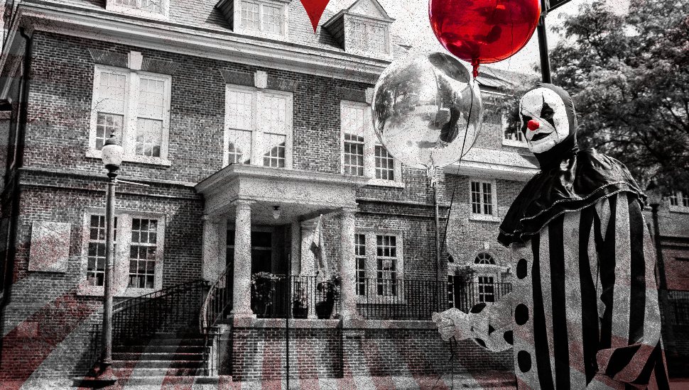clown holding red balloon in front of Chester County History Center