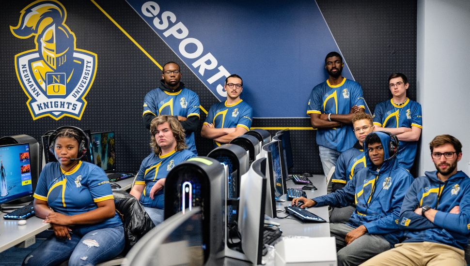 Neumann University's eSports team at the technology lab in the School of Business