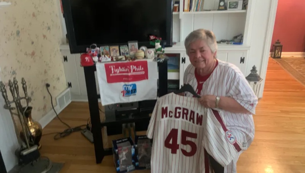 Sr. Linda DeCero with her Phillies "shrine".