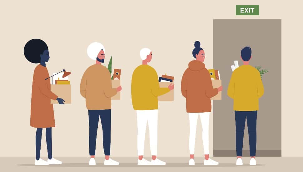 Office exodus, unemployment, economic crisis caused by Covid-19 pandemic, employees leaving the workplace