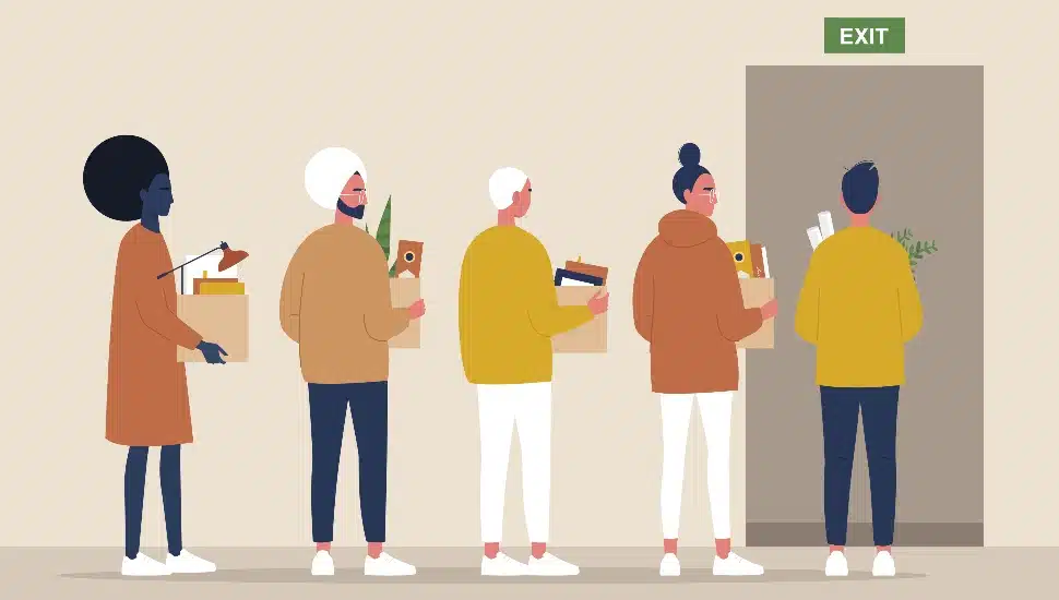 Office exodus, unemployment, economic crisis caused by Covid-19 pandemic, employees leaving the workplace
