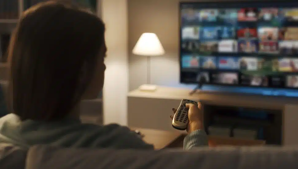 Young woman relaxing on the couch at home and watching videos on demand on her TV, entertainment concept