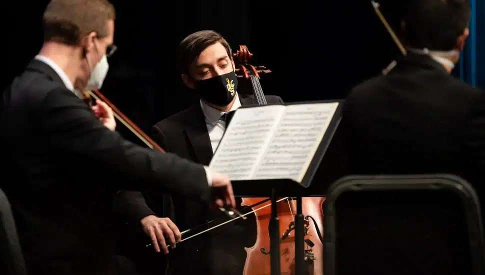 Three seated members of the Delaware County Symphony Orchestra with their instruments playing a musical selection.