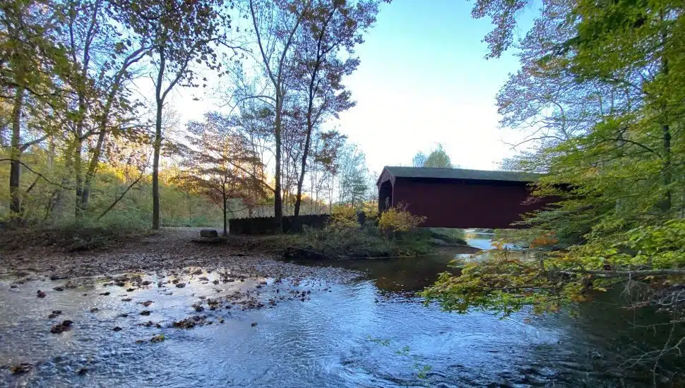 creek with covered bridge