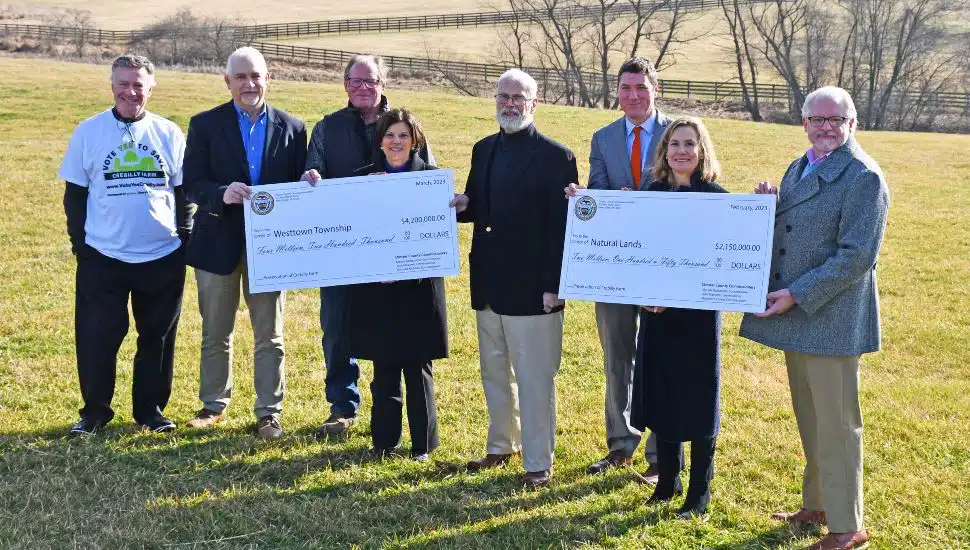 Westtown Township Supervisors Dick Pomerantz and Scott Yaw; Jack Stefferud, Natural Lands Senior Director of Land Protection; Chester County Commissioners’ Chair Marian Moskowitz; Westtown Township Supervisors’ Chair Tom Foster; County Commissioners Josh Maxwell and Michelle Kichline; and Oliver Bass, President of Natural Lands.
