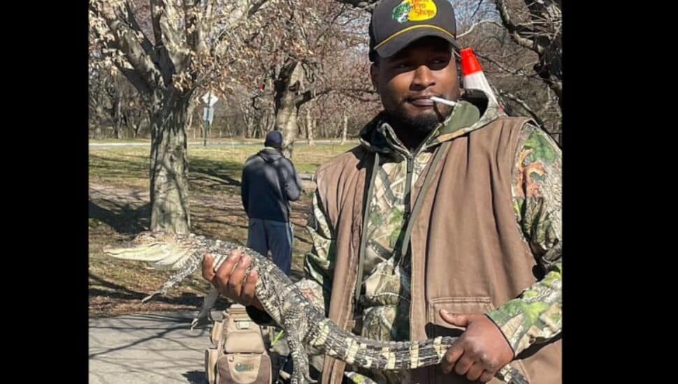 Ike Peyton of Delaware County holds the caiman he captured March 5 in FDR Park in South Philadelphia