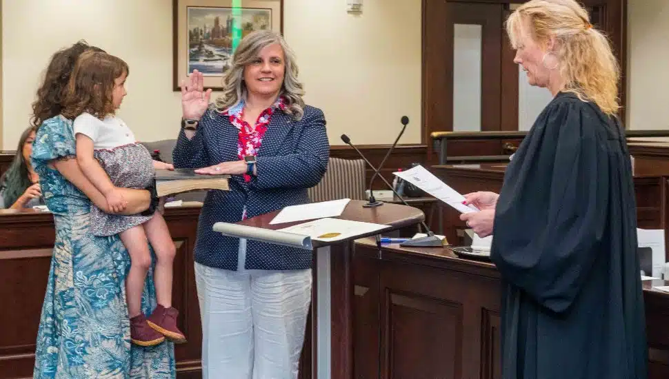 Jennifer Lopez is sworn in as a member of the Pennsylvania Commission on Crime and Delinquency.
