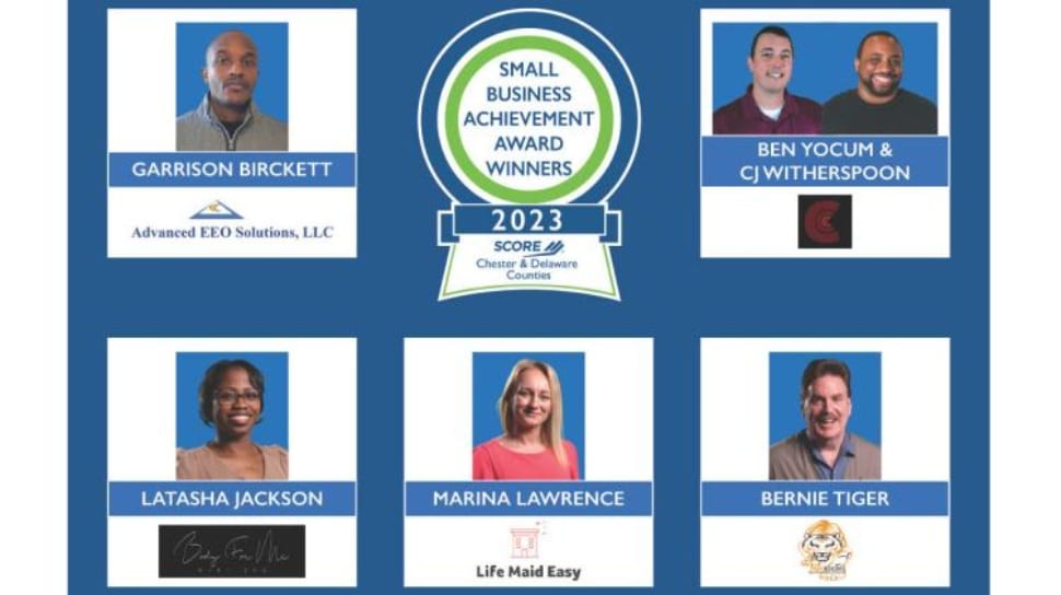 The 2023 ssmall business winners presented at the SCORE Chester and Delaware County Small Business Achievements Awards luncheon in West Chester.