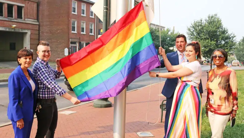 Commissioner Marian Moskowitz; Carrie Stare, President of LGBT Equality Alliance of Chester County; Commissioner Josh Maxwell; and Kim Bydlon and Ghana Rowell, members of the Chester County employees’ Diversity, Equity, and Inclusion Committee.