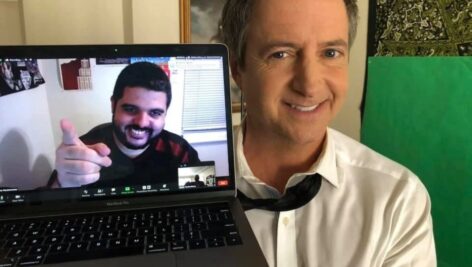 Chris Pierdomenico, (on screen from his East Coast home) with actor Brian Dunkleman in Los Angeles.