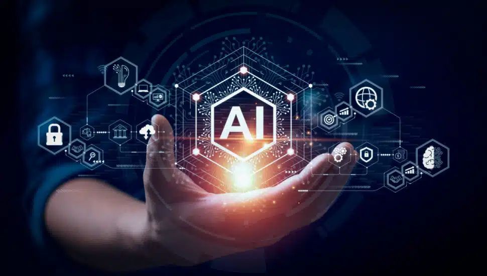 Businessman touching artificial intelligence.