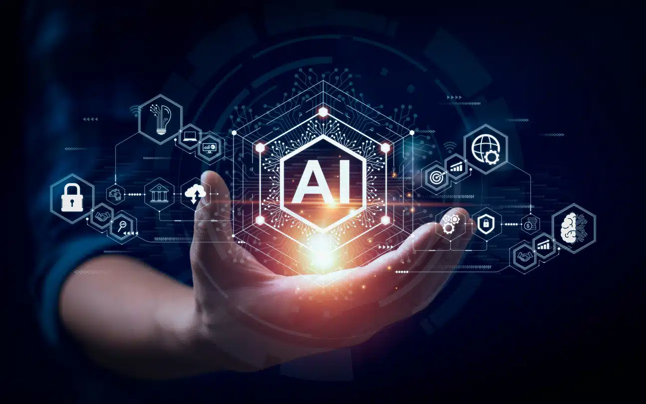 Businessman touching artificial intelligence.