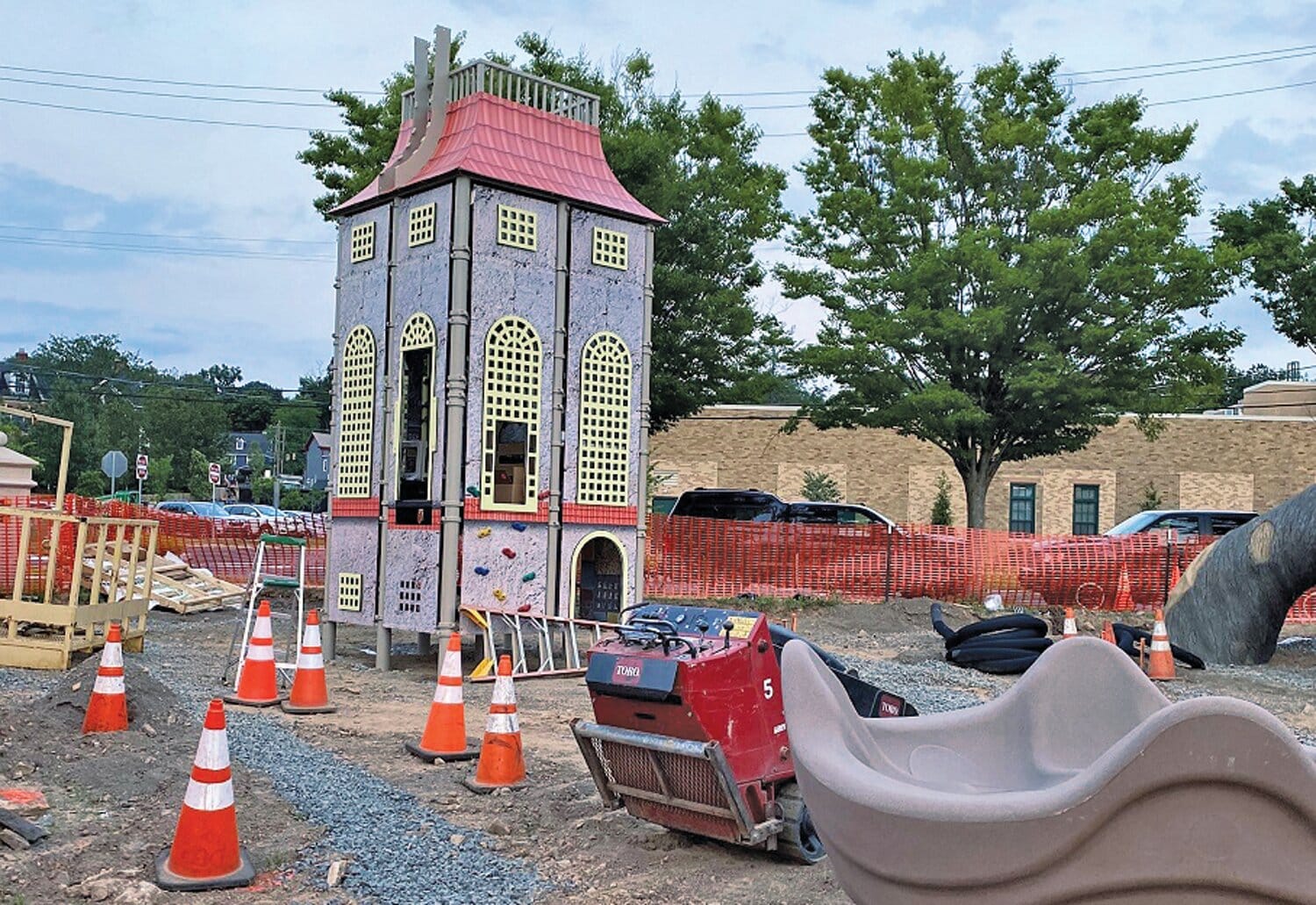 A Fonthill Castle-Themed playground in Newtown Square is being built. A replica of the Fonthill Castle tower dominates the construction site.