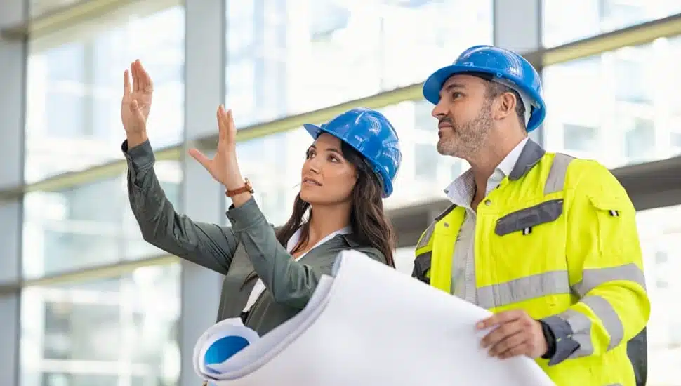 civil engineers in front of building