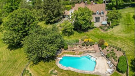birds-eye-view of Penn Hollow farmstead in Avondale, including saltwater pool and farmhouse