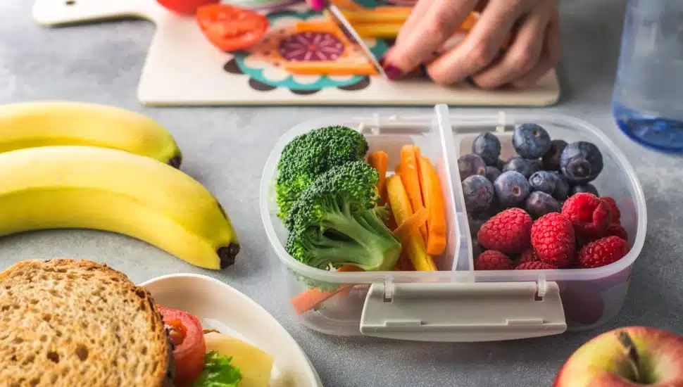 Mother giving healthy lunch for school