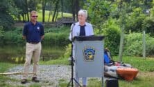Senator Comitta opens the new boat launch with Tim Schaeffer, executive director of the PA Fish and Boat Commission.