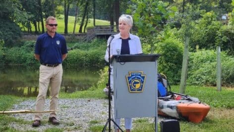 Senator Comitta opens the new boat launch with Tim Schaeffer, executive director of the PA Fish and Boat Commission.