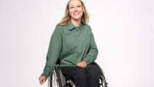 woman in wheelchair modeling denim & co. inclusive apparel from west chester's QVC