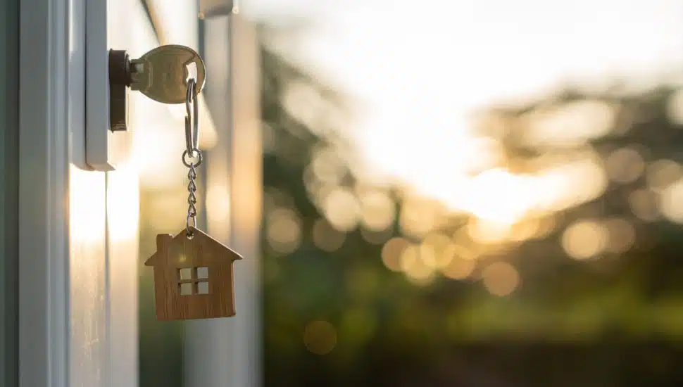 key with house charm on it in door