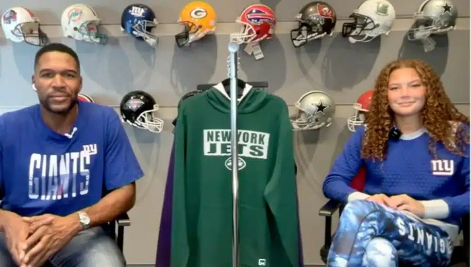 Michael Strahan and daughter on QVC debuting NFL line of apparel
