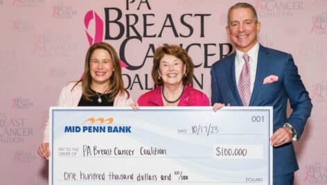 PA Breast Cancer Coalition receives a donation of $100,000 from Mid Penn Bank to continue the fight against breast cancer. Pictured, left to right, are Pennsylvania’s First Lady Lori Shapiro, PBCC President and Founder Pat Halpin-Murphy, and Mid Penn Bank President and CEO Rory Ritrievi.