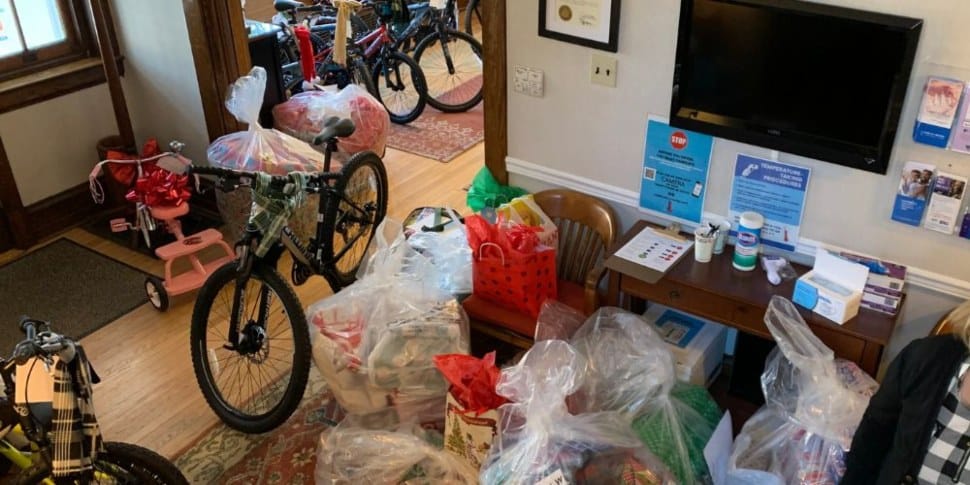 A room full of toys and gifts collected from a previous holiday gift drive
